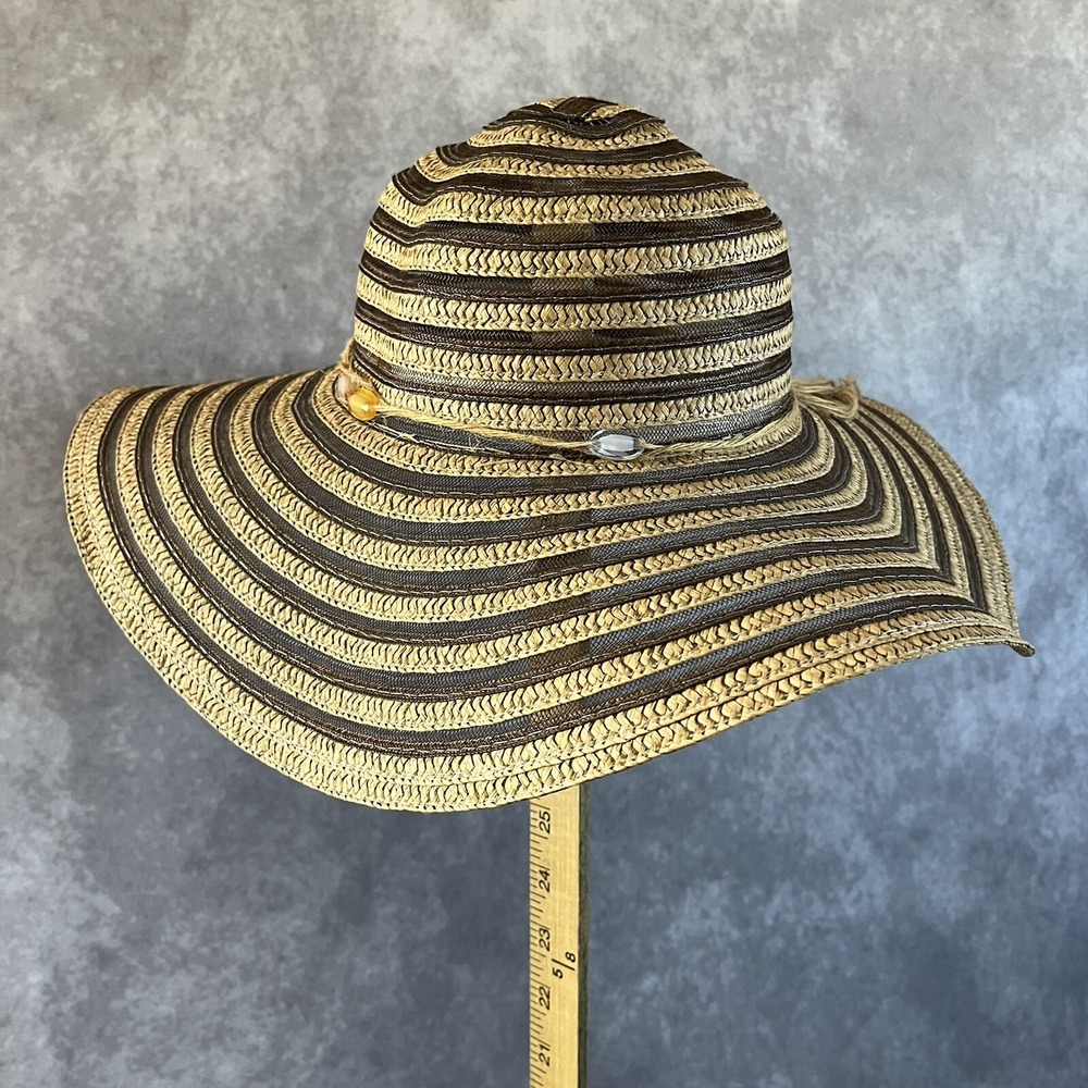 Sun Hat Women Brown Tan Striped Woven Wide Brim Raffia Bead Accent Boho Coastal